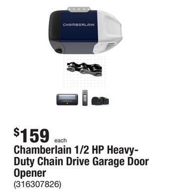 The Home Depot Chamberlain 1/2 hp heavy-duty chain drive garage door opener offer