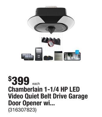 The Home Depot Chamberlain 1-1/4 hp led video quiet belt drive garage door opener with integrated camera & battery backup offer