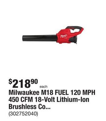 The Home Depot Milwaukee m18 fuel 120 mph 450 cfm 18-volt lithium-ion brushless cordless handheld blower (tool-only) offer