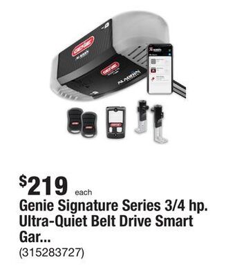 The Home Depot Genie signature series 3/4 hp. ultra-quiet belt drive smart garage door opener offer