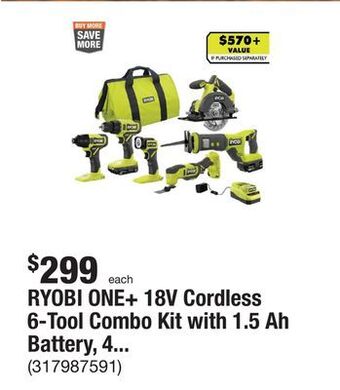 The Home Depot Ryobi one+ 18v cordless 6-tool combo kit with 1.5 ah battery, 4.0 ah battery, and charger offer