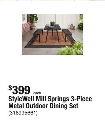 The Home Depot Stylewell mill springs 3-piece metal outdoor dining set offer
