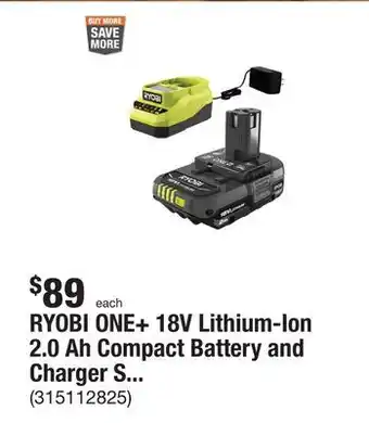 The Home Depot Ryobi one+ 18v lithium-ion 2.0 ah compact battery and charger starter kit offer