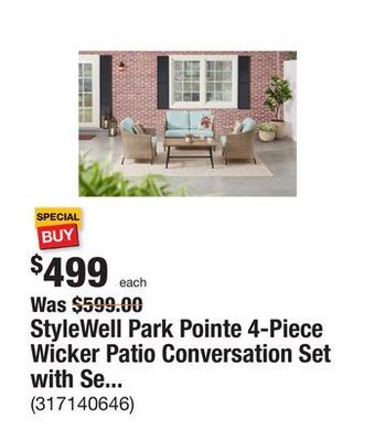 The Home Depot Stylewell park pointe 4-piece wicker patio conversation set with seabreeze cushions offer
