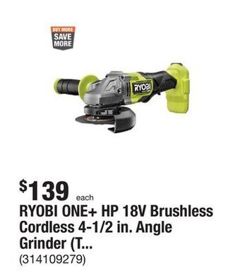 The Home Depot Ryobi one+ hp 18v brushless cordless 4-1/2 in. angle grinder (tool only) offer