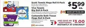 Weis Markets Scott towels mega roll 6-pack, viva towels big roll 6-pack, cottonelle bath tissue mega roll 6-pack offer
