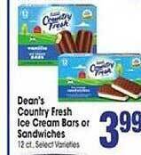 Jewel-Osco Dean's country fresh ice cream bars or sandwiches offer