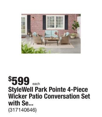 The Home Depot Stylewell park pointe 4-piece wicker patio conversation set with seabreeze cushions offer