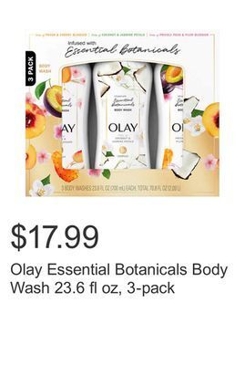 Costco Olay essential botanicals body wash 23.6 fl oz, 3-pack offer