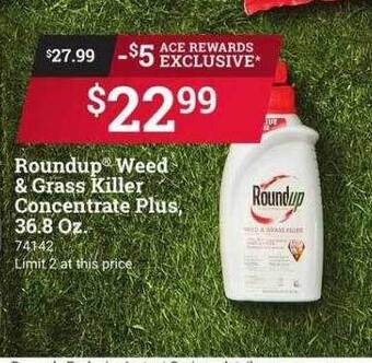 Ace Hardware Roundup weed & grass killer concentrate plus, 36.8 oz. offer