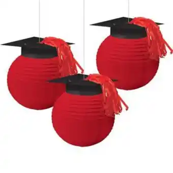 Red grad cap paper lanterns, 9.5in, 3ct