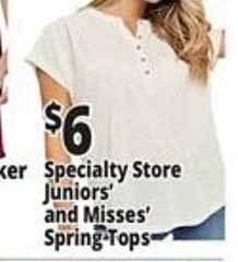 Ocean State Job Lot Specialty store juniors' and misses' spring-tops offer