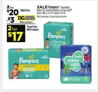 Dollar General Pampers® swaddlers, baby dry jumbo diapers or easy ups offer