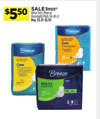 Dollar General Breeze™ ultra thin, maxi or overnight pads offer