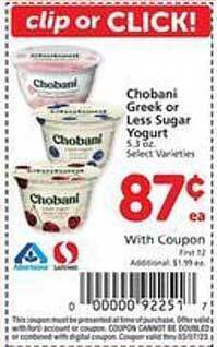 Safeway Chobani greek or less sugar yogurt offer
