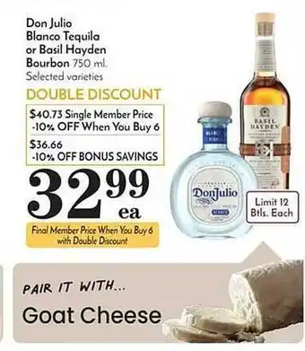 Food Pavilion Don julio blanco tequila or basil hayden bourbon offer