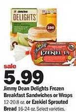Meijer Jimmy dean delights frozen breakfast sandwiches or wraps or ezekiel sprouted bread offer