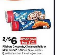 Meijer Pillsbury crescents, cinnamon rolls or meal bread offer