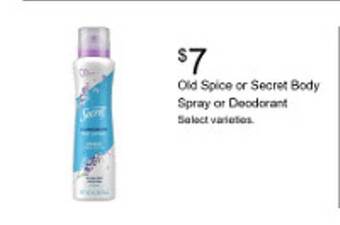 Walgreens Old spice or secret body spray or deodorant offer