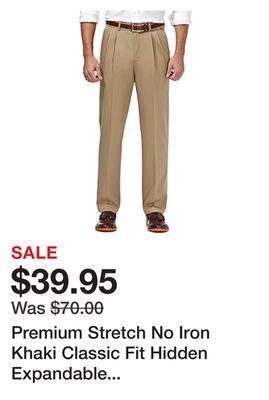 Belk Premium stretch no iron khaki classic fit hidden expandable waistband pleated pants offer