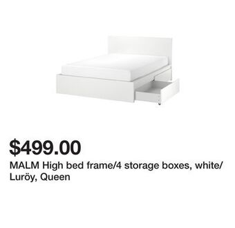 Ikea Malm high bed frame/4 storage boxes, white/luröy, queen offer