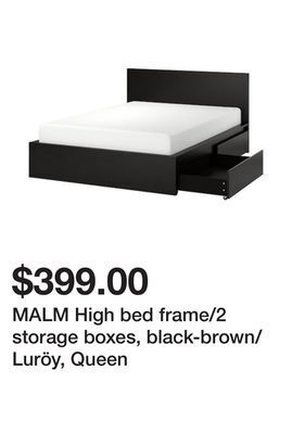 Ikea Malm high bed frame/2 storage boxes, black-brown/luröy, queen offer