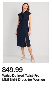 Old Navy Waist-defined twist-front midi shirt dress for women offer