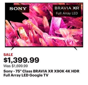 Best Buy Sony - 75" class bravia xr x90k 4k hdr full array led google tv offer