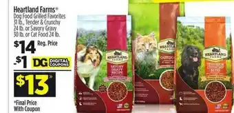 Dollar General Heartland Farms Dog Food Grilled Favorites Tender & Crunchy Or Savory Gravy Or Cat Food offer