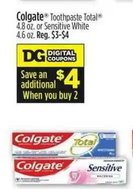 Dollar General Colgate Toothpaste Total Or Sensitive White offer