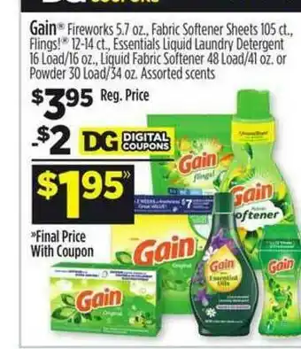 Dollar General Gain Firewords Fabric Softener Sheets Flings! Essentials Liquid Laundry Detergent Liquid Fabric Softener Or Powder Assorted S offer