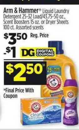 Dollar General Arm & Hammer Liquid Laundry Detergent Scent Boosters Or Dryer Sheets Assorted Scents offer