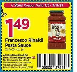 Tops Francesco rinaldi pasta sauce offer