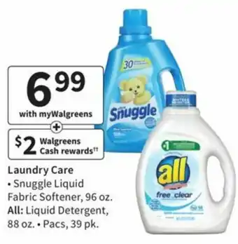 Walgreens Laundry Care Snuggle Liquid, All Liquid Detergent offer
