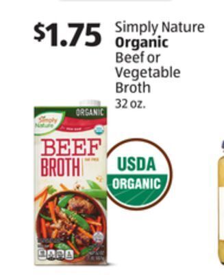 Aldi Simply nature organic beef or vegetable broth offer