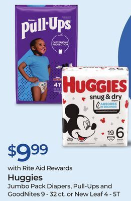 Rite Aid Huggies jumbo pack diapers, pull-ups and goodnites or new leaf offer