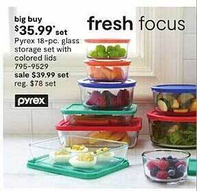 JC Penney Pyrex 18-pc glass storage set with colored lids offer