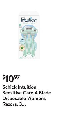 Walmart Schick intuition sensitive care 4 blade disposable womens razors, 3 ct, lather & shave in one step, no shave gel needed offer