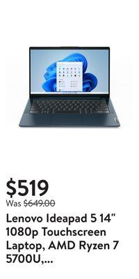 Walmart Lenovo ideapad 5 14" 1080p touchscreen laptop, amd ryzen 7 5700u, 8gb ram, 512gb ssd, windows 11 home, abyss blue, 82lm00ufus offer