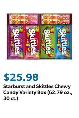 Sam's Club Starburst and skittles chewy candy variety box (62.79 oz., 30 ct.) offer