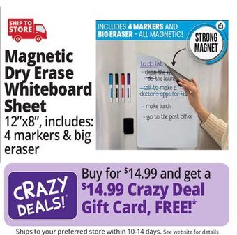 Ocean State Job Lot Cinch! 12" x 8" magnetic dry erase whiteboard sheet for kitchen fridge offer