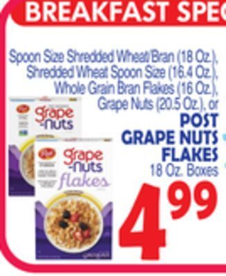 Bravo Supermarkets Post grape nuts flakes 18 oz. boxes offer