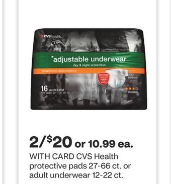 CVS Cvs health protective pads 27-66 ct. or adult underwear 12-22 ct. offer