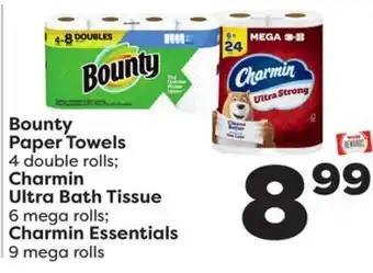Weis Markets Bounty paper towels 4 double rolls charmin ultra bath tissue 6 mega rolls charmin essentials 9 mega rolls offer