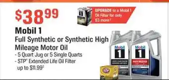 AutoZone Mobil 1 full synthetic or synthetic high mileage motor oil offer