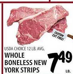 Karns Usda choice whole boneless new york strips offer