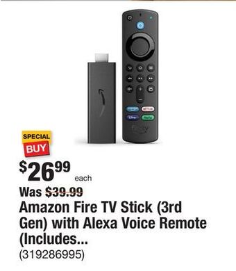 The Home Depot Amazon fire tv stick (3rd gen) with alexa voice remote (includes tv controls) hd streaming device 2021 release in black offer