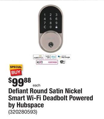 The Home Depot Defiant round satin nickel smart wi-fi deadbolt powered by hubspace offer