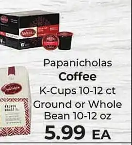 Sunset Foods Papanicholas coffee k-cups, ground or whole bean offer