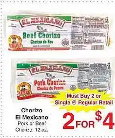 Arteagas Food Center Chorizo el mexicana pork or beef chorizo offer